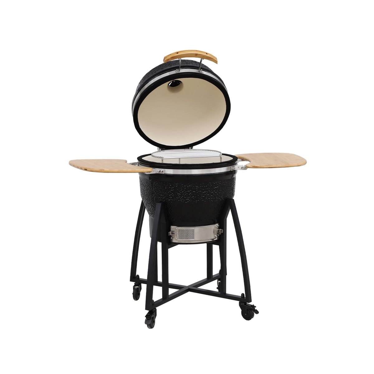 Barbecue charbon de bois, grill et fumoir, céramique Ø57cm avec roues, tablettes et housse KAMADO noir, SWEEEK