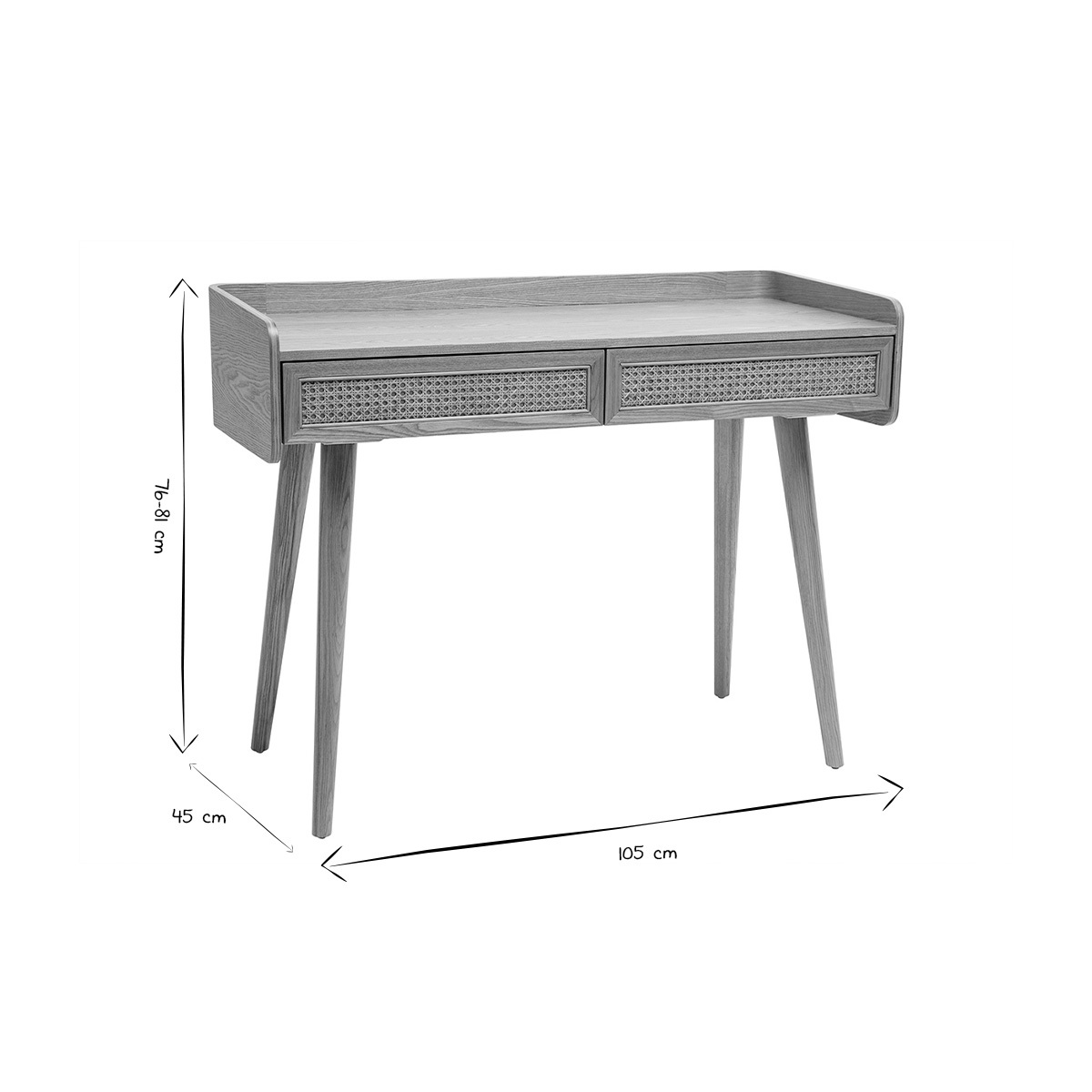 Bureau design avec rangements 2 tiroirs bois clair et cannage rotin L105 cm ELSY chêne clair, MILIBOO
