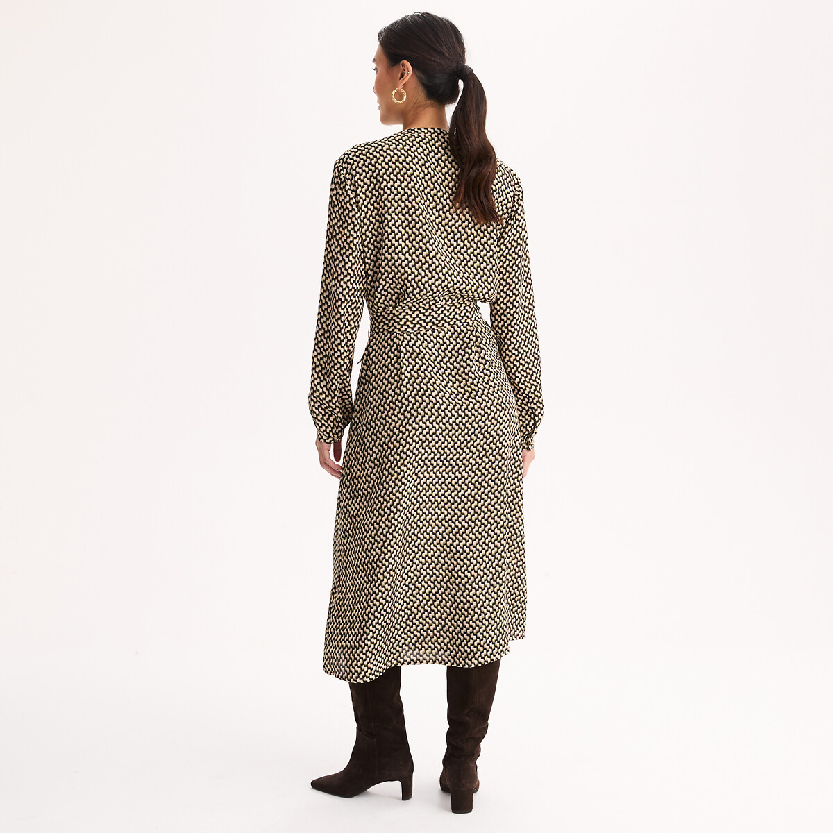 Robe longueur midi à manches longues imprimé graphique imprimé géométrique, ANNE WEYBURN