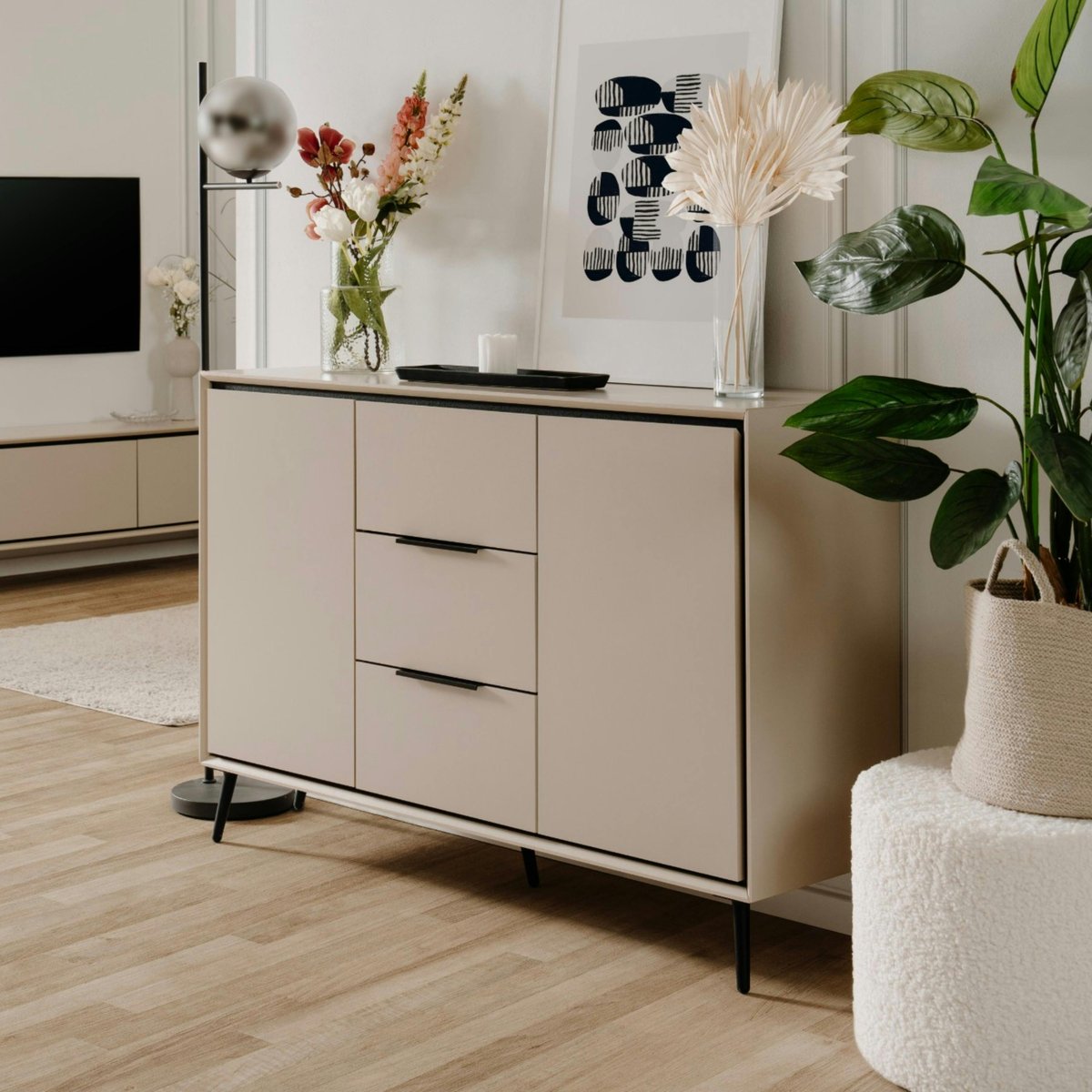 Buffet moderne taupe 2 portes 3 tiroirs AVIO beige, PIER IMPORT