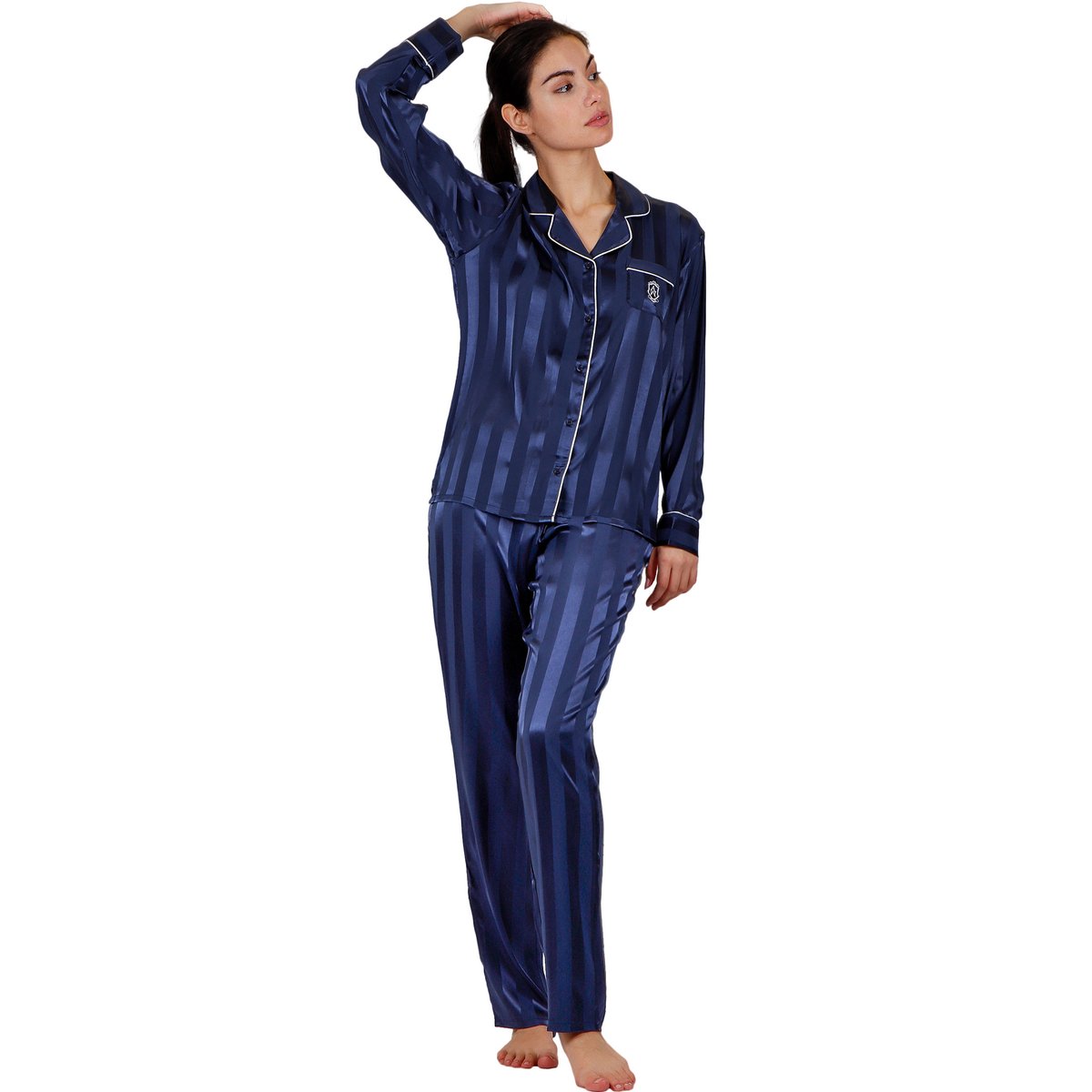 Pyjama chemise et pantalon Satin Stripes bleu marine, ADMAS