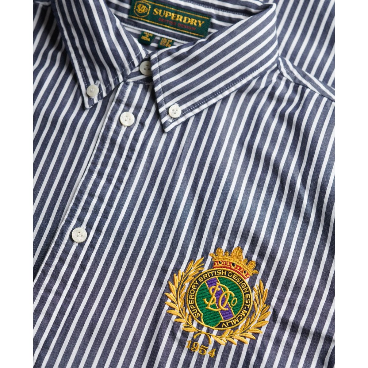 Chemise à manches longues en popeline slim Crest rayé bleu marine/blanc, SUPERDRY
