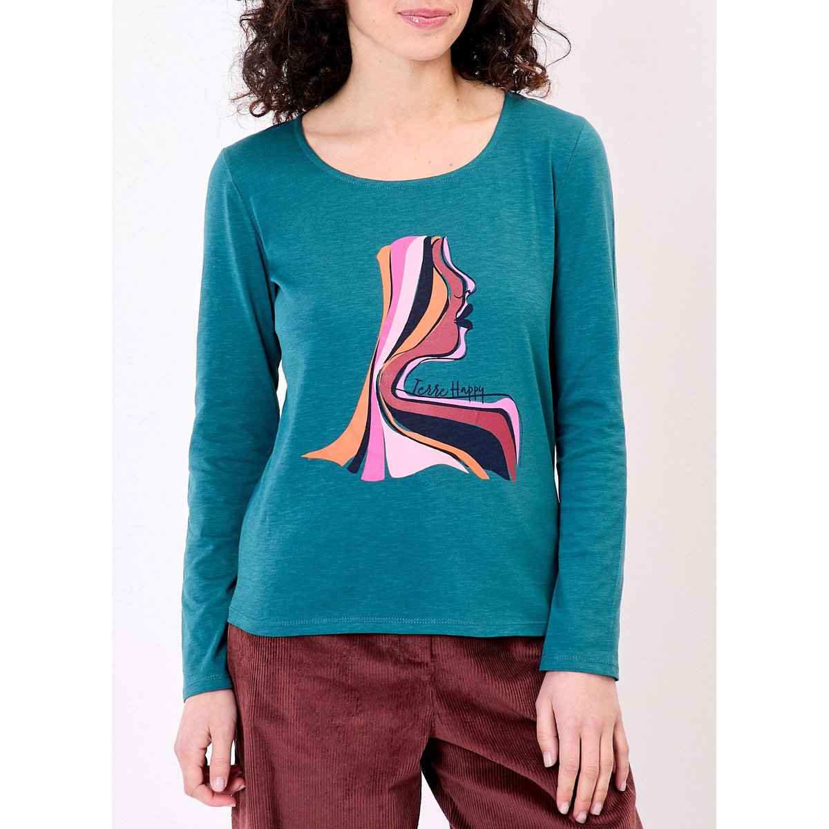 T-shirt coton flammé bio imprimé KANPUR vert mahala, LA FIANCÉE