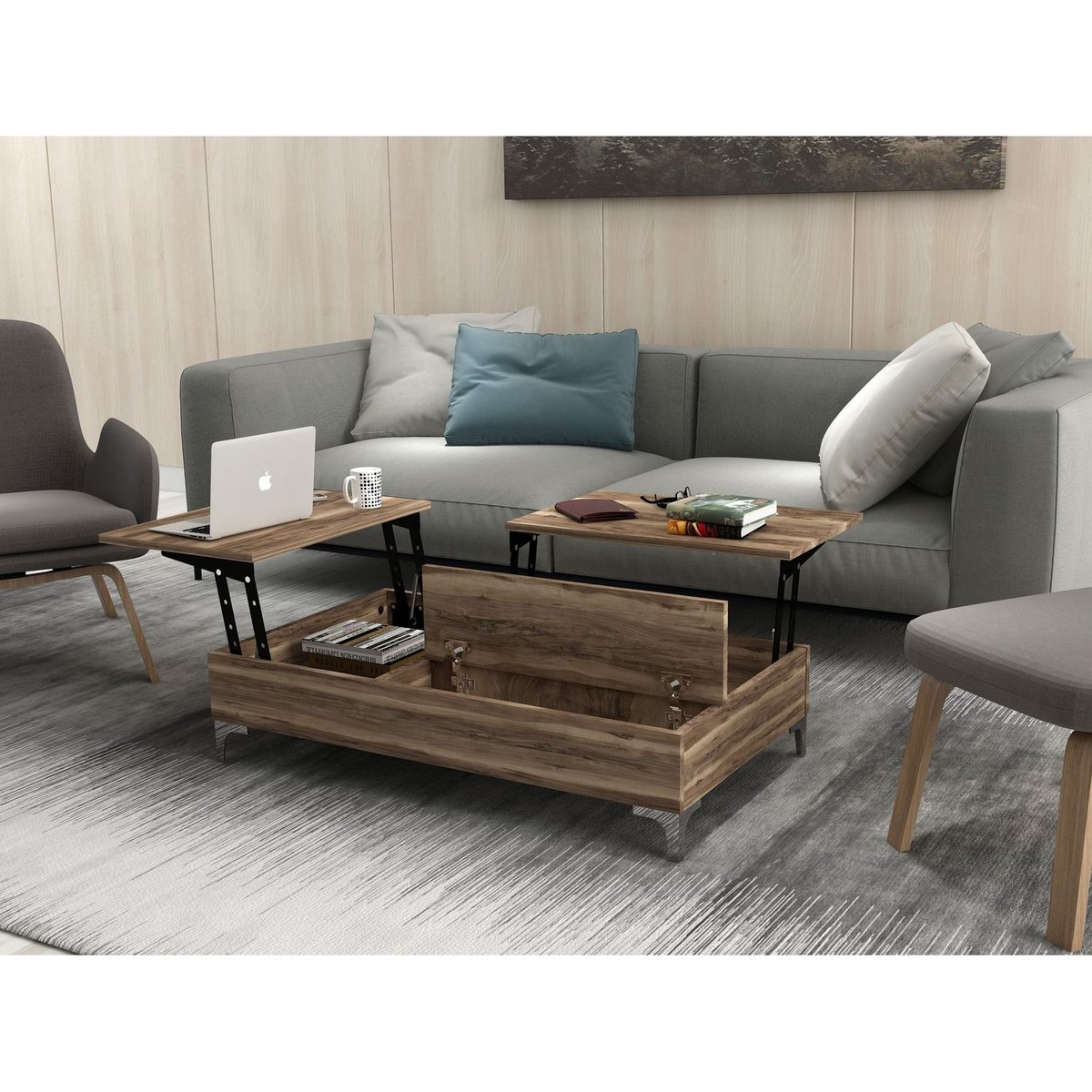 Table basse relevable avec rangements intégrés UPPSALA marron, TOILINUX