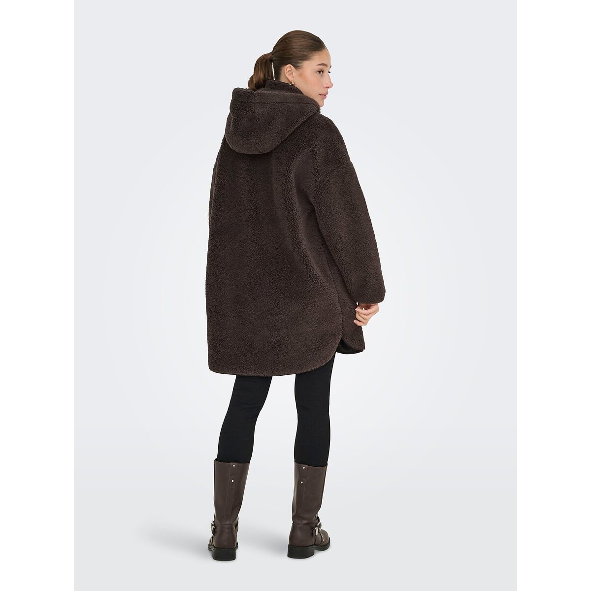 Manteau mi-long en sherpa, zippé à capuche marron chocolat, ONLY