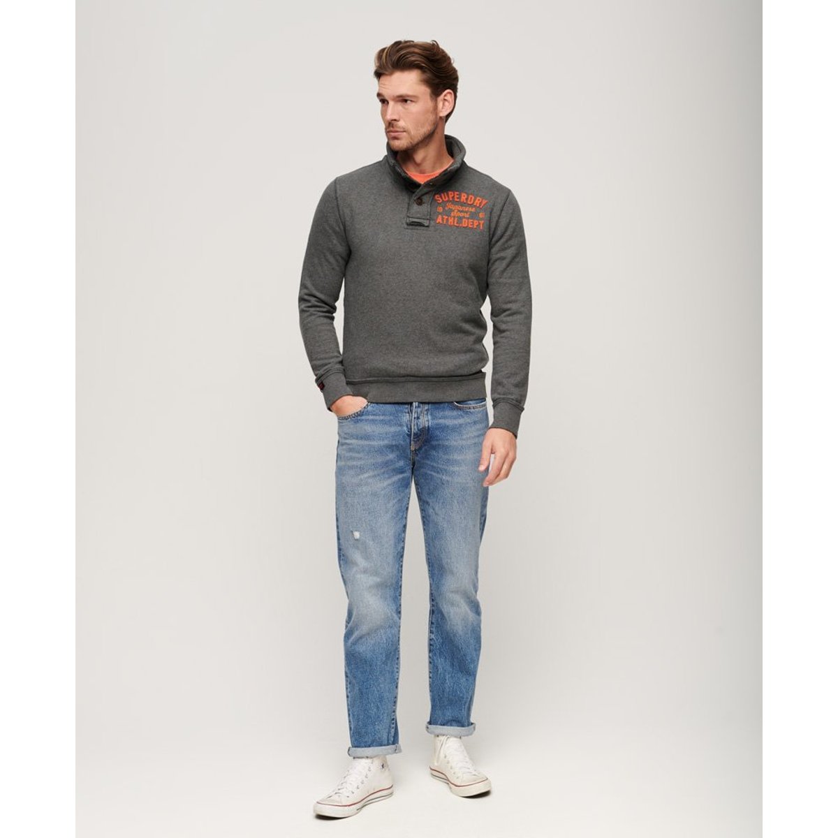 Pull à col boutonné Vintage Athletic anthracite chiné, SUPERDRY