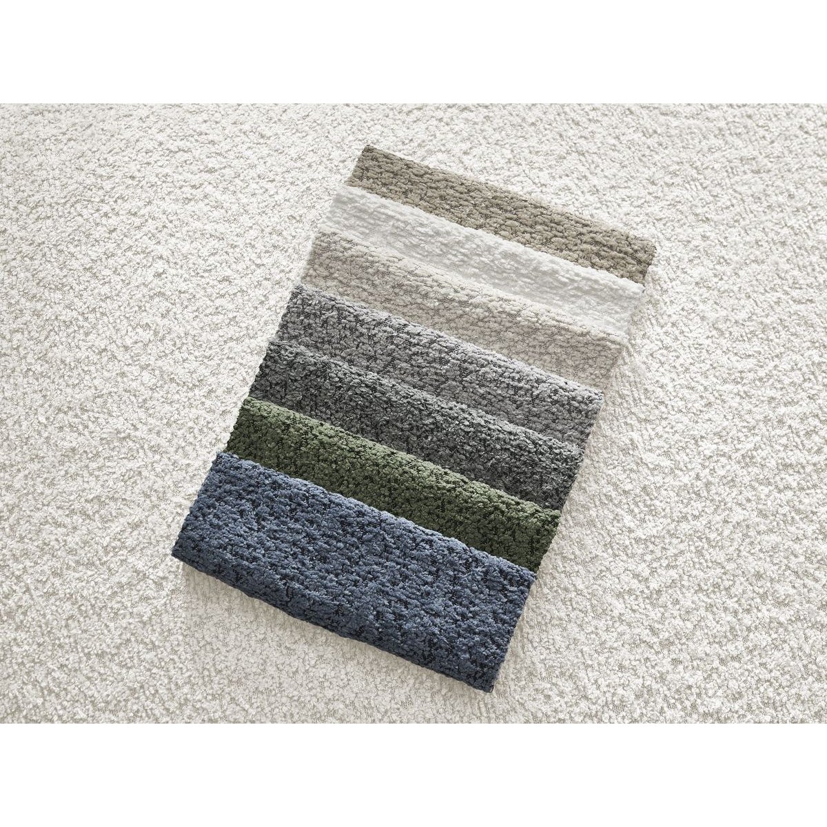 Canapé d'angle fixe 4 places en tissu bouclette avec pouf, ASHLEY blanc, BOBOCHIC