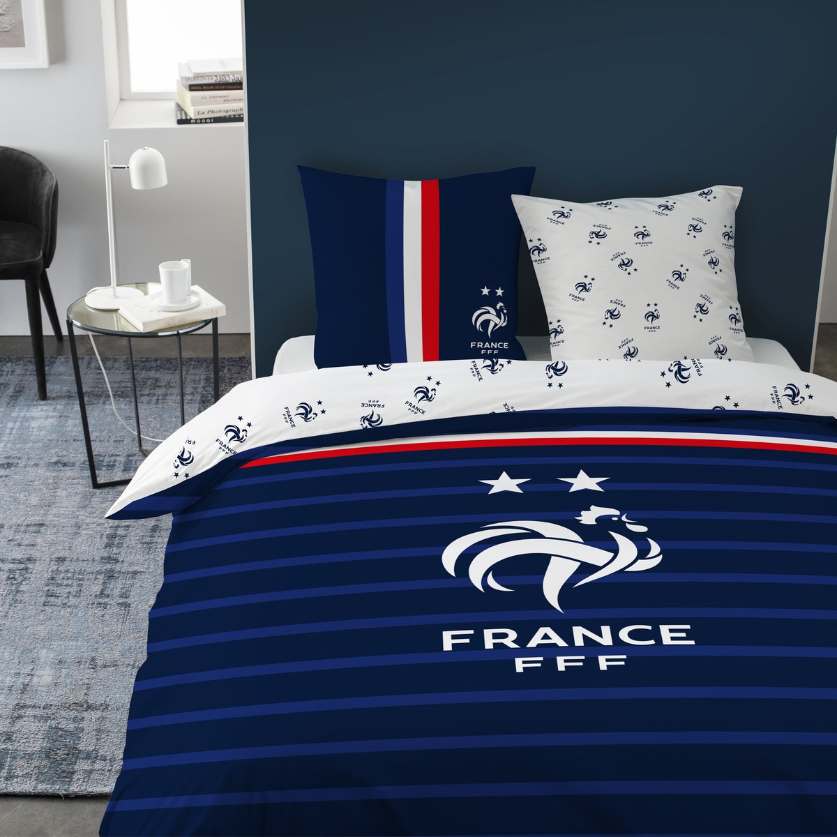 Parure de lit imprimée 100% coton, Équipe de France de Football RAYURES bleu, FFF