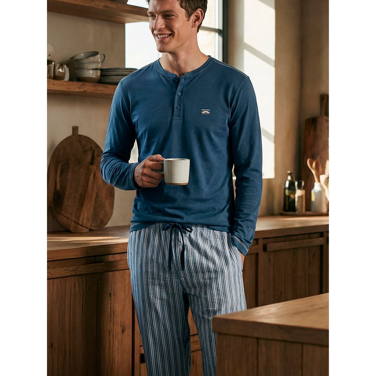 Pyjama pantalon polo manches longues Best Ever bleu, ADMAS