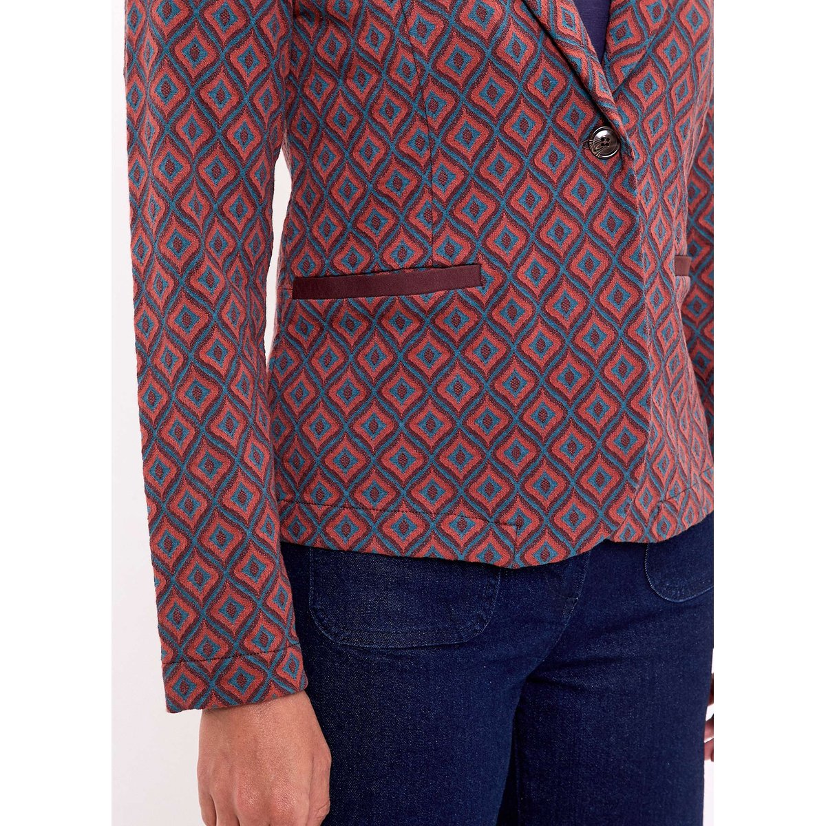 Blazer souple en maille jacquard recyclée ANATOLIE marron bleu solange, PRINCESSE NOMADE