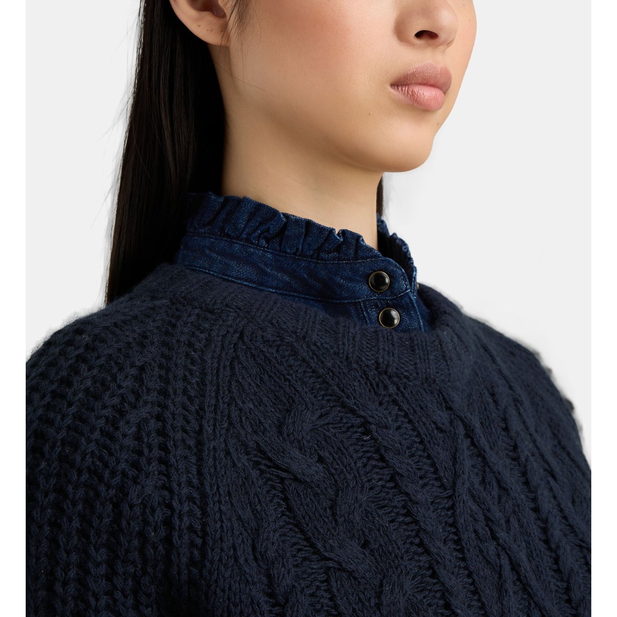 Pull droit obel torsades coton et laine bleu marine, JODHPUR