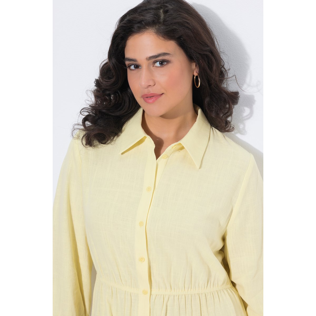 Robe chemisier, col chemise et manches 3/4 jaune pâle, ULLA POPKEN