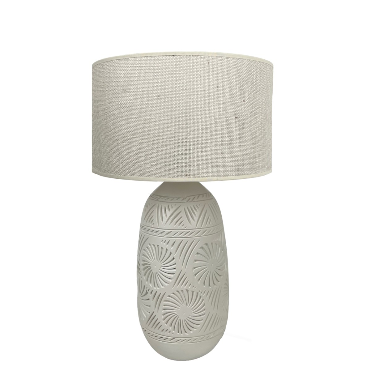 Lampe en terre cuite avec abat-jour jute, KÉO SOLEIL blanc, GERARD LAMY