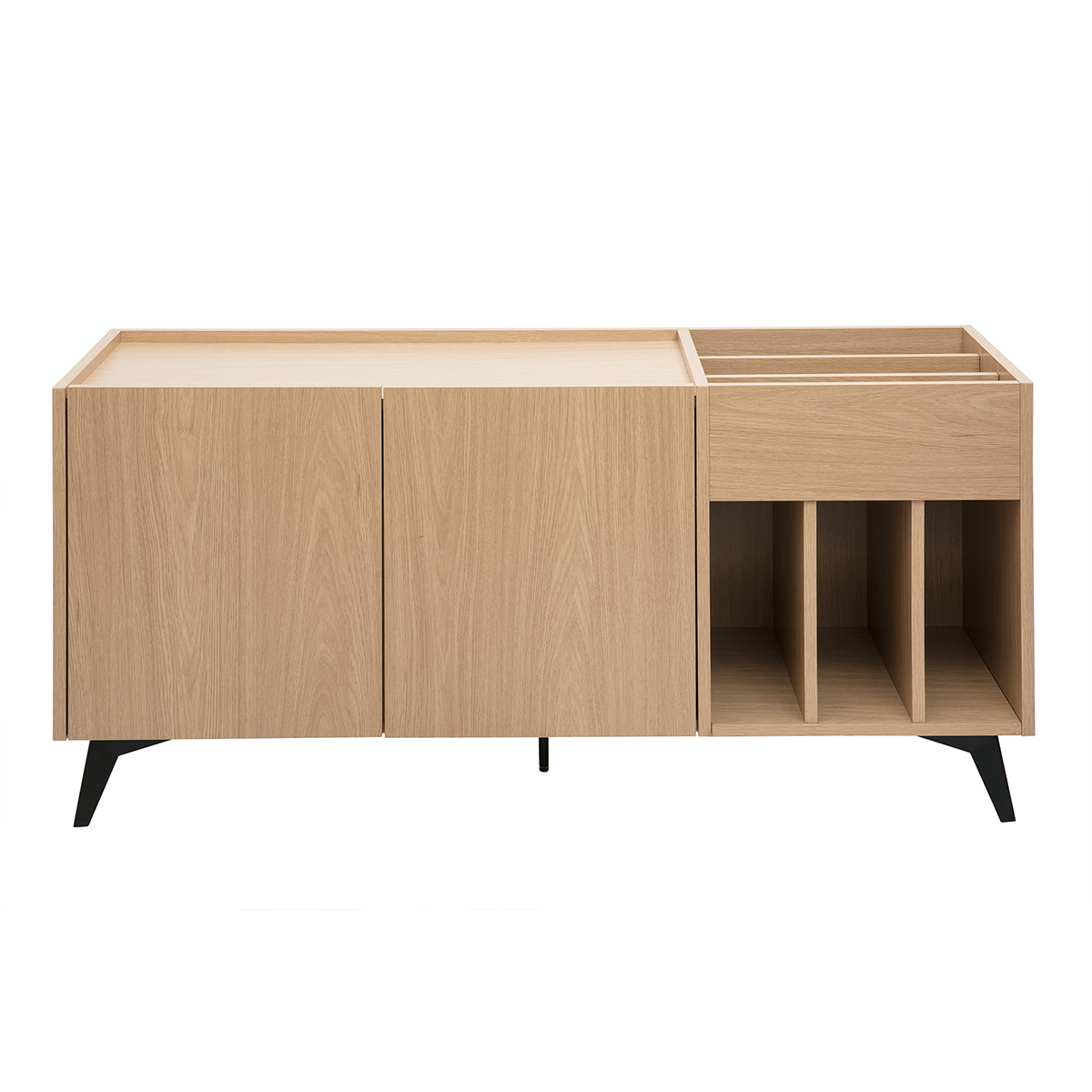 Buffet de rangement vinyles en bois foncé finiton noyer et métal noir L140 cm SEDA chêne clair, MILIBOO