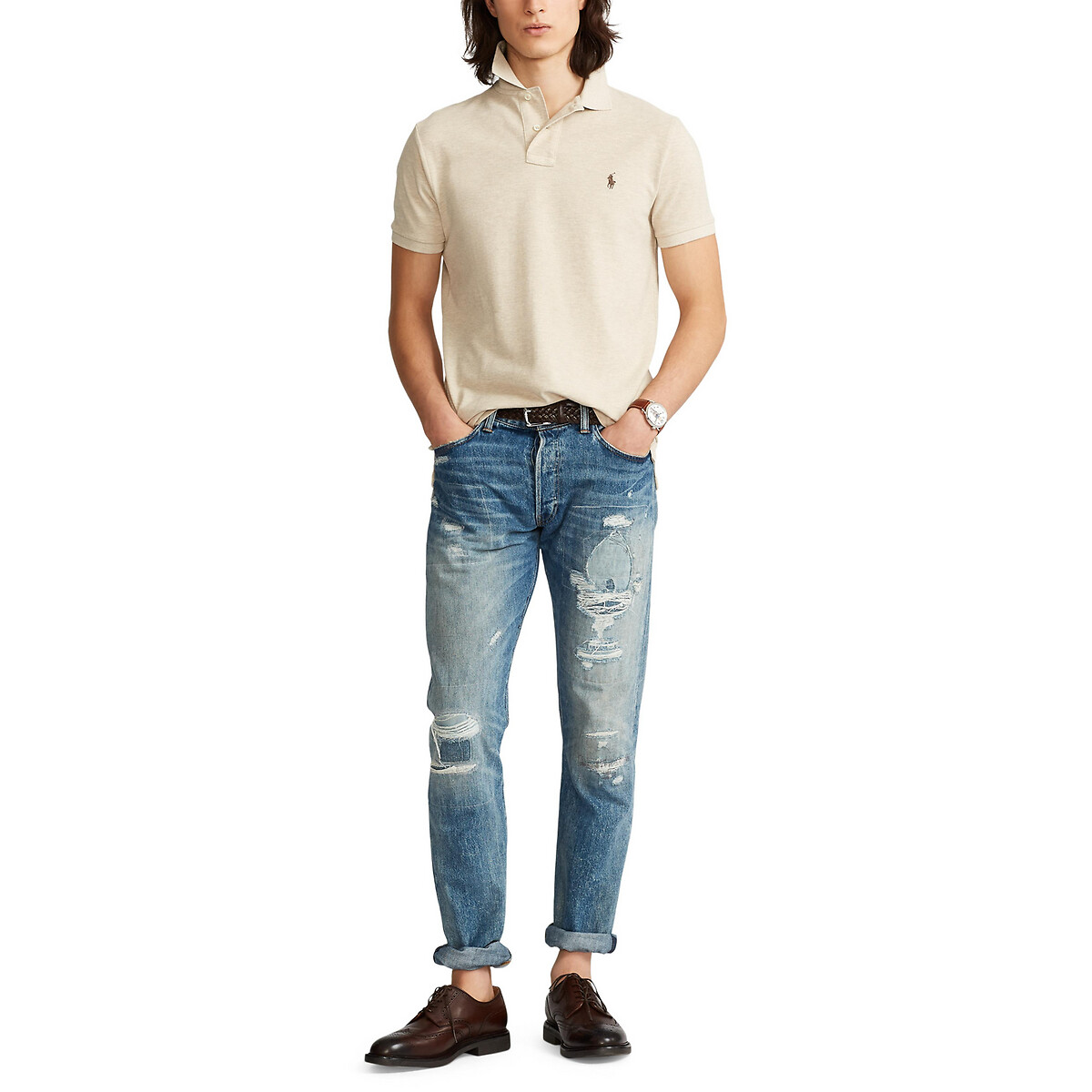 Polo Slim Fit in piqué di cotone beige chiné, POLO RALPH LAUREN