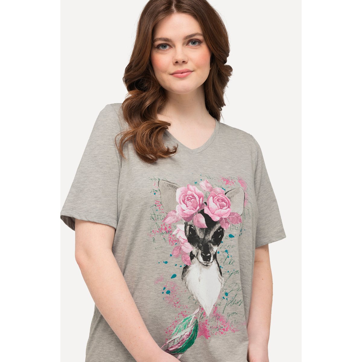 T-shirt à motif faon et fleurs gris clair chiné, ULLA POPKEN