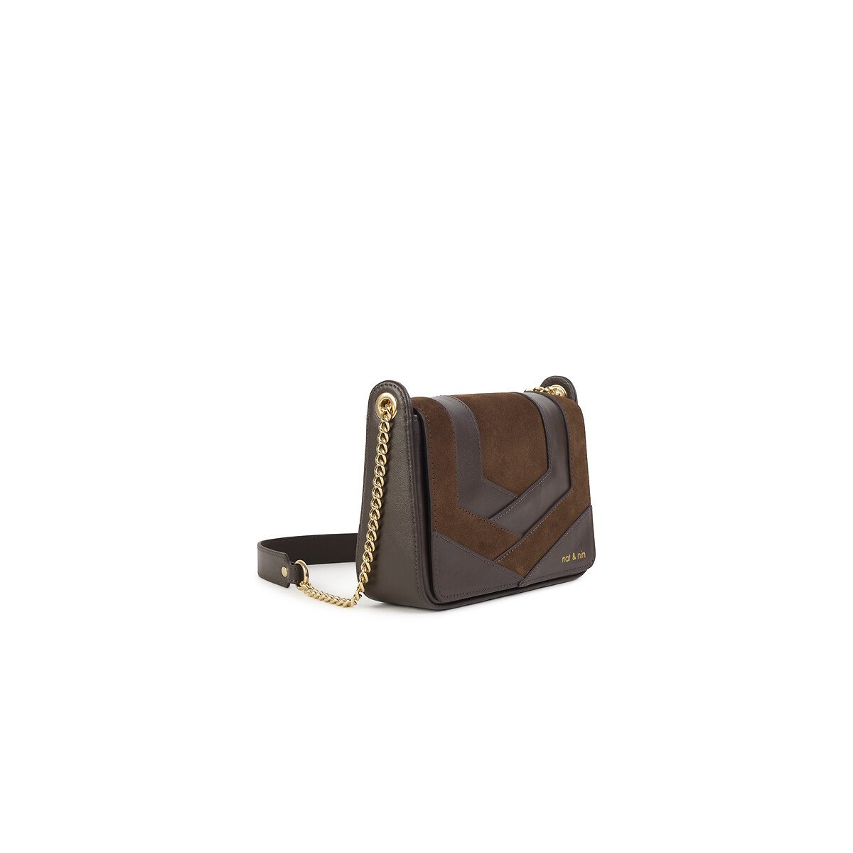 Bolso con solapa en piel lisa y ante CAPRI ébano, NAT & NIN