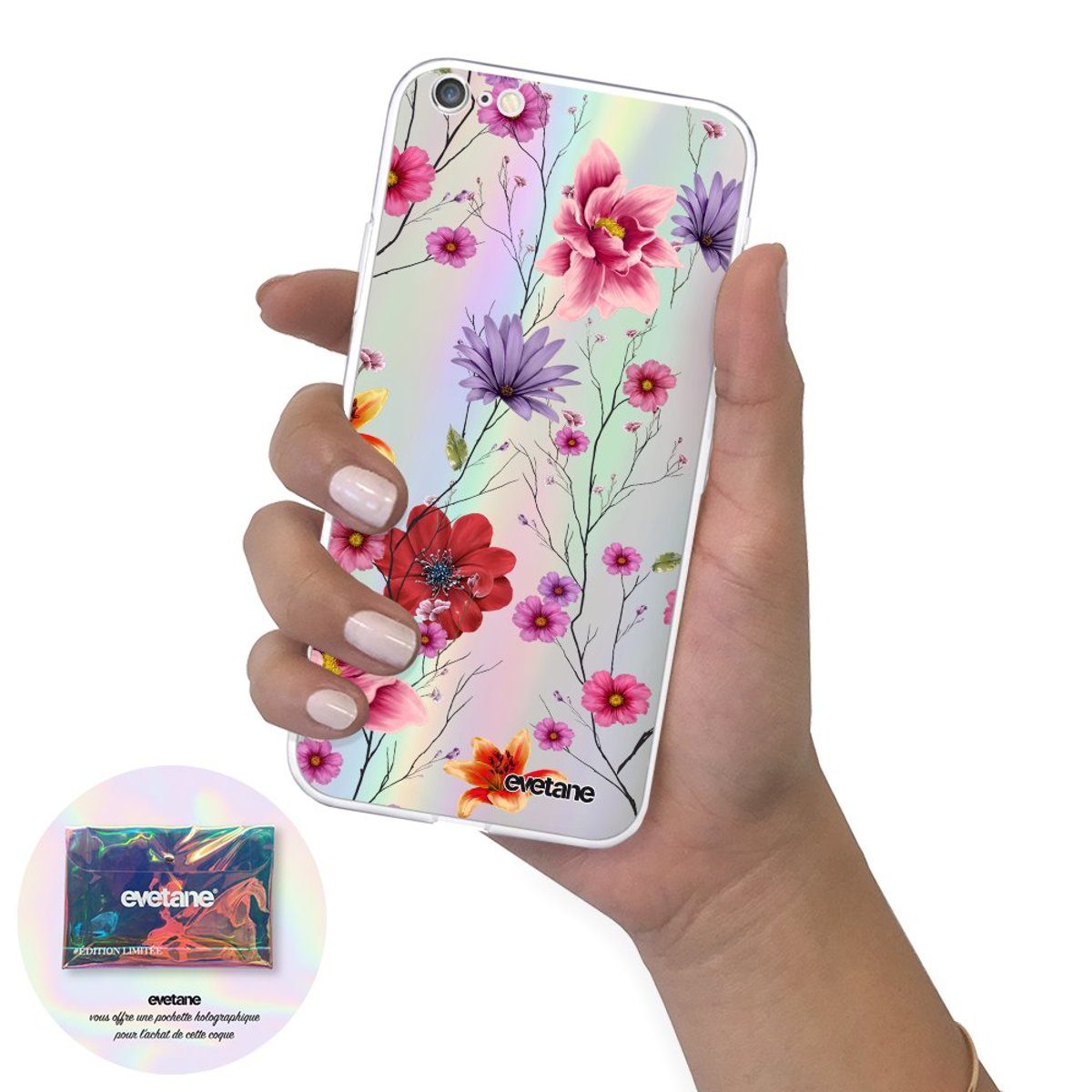 Coque holographique iPhone 6/6S fleurs multicolores, EVETANE