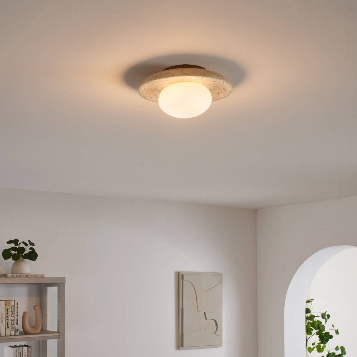 Petit plafonnier avec plateau en pierre - JIO beige blanc et bois, KOSILUM