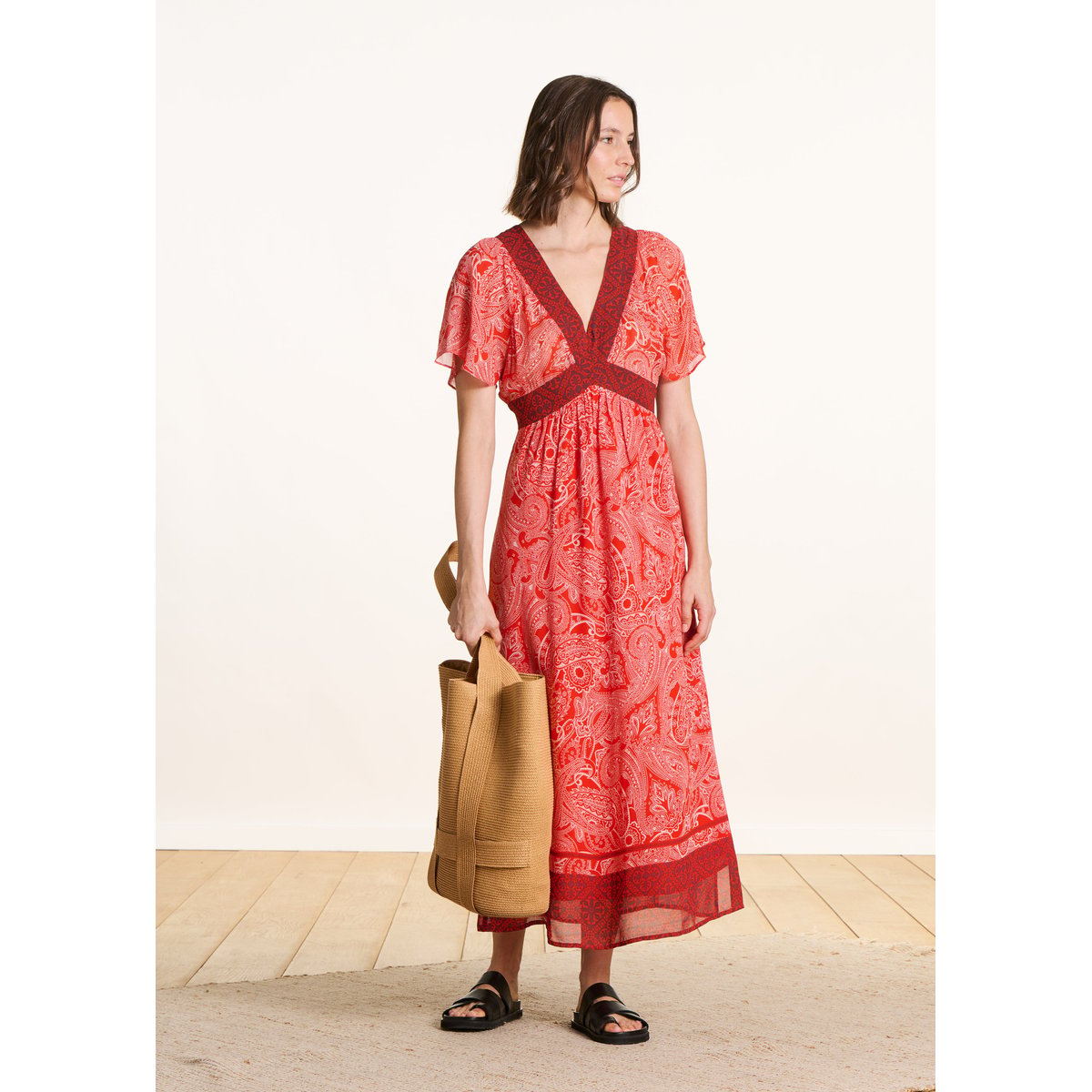 Robe longue en voile imprimé orange, LA FEE MARABOUTEE