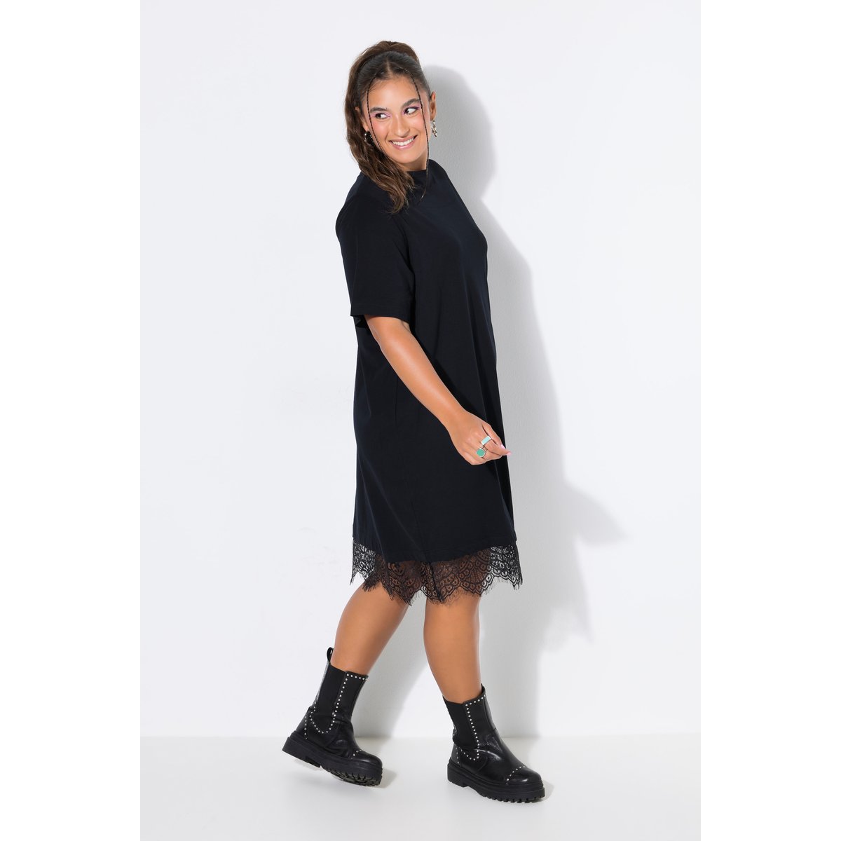 Robe chemise, ourlet en dentelle asymétrique noir, STUDIO UNTOLD