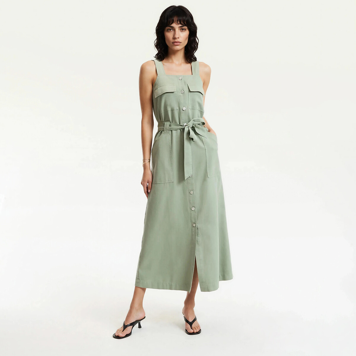 Robe midi à bretelles en lyocell et coton vert kaki, LA REDOUTE COLLECTIONS