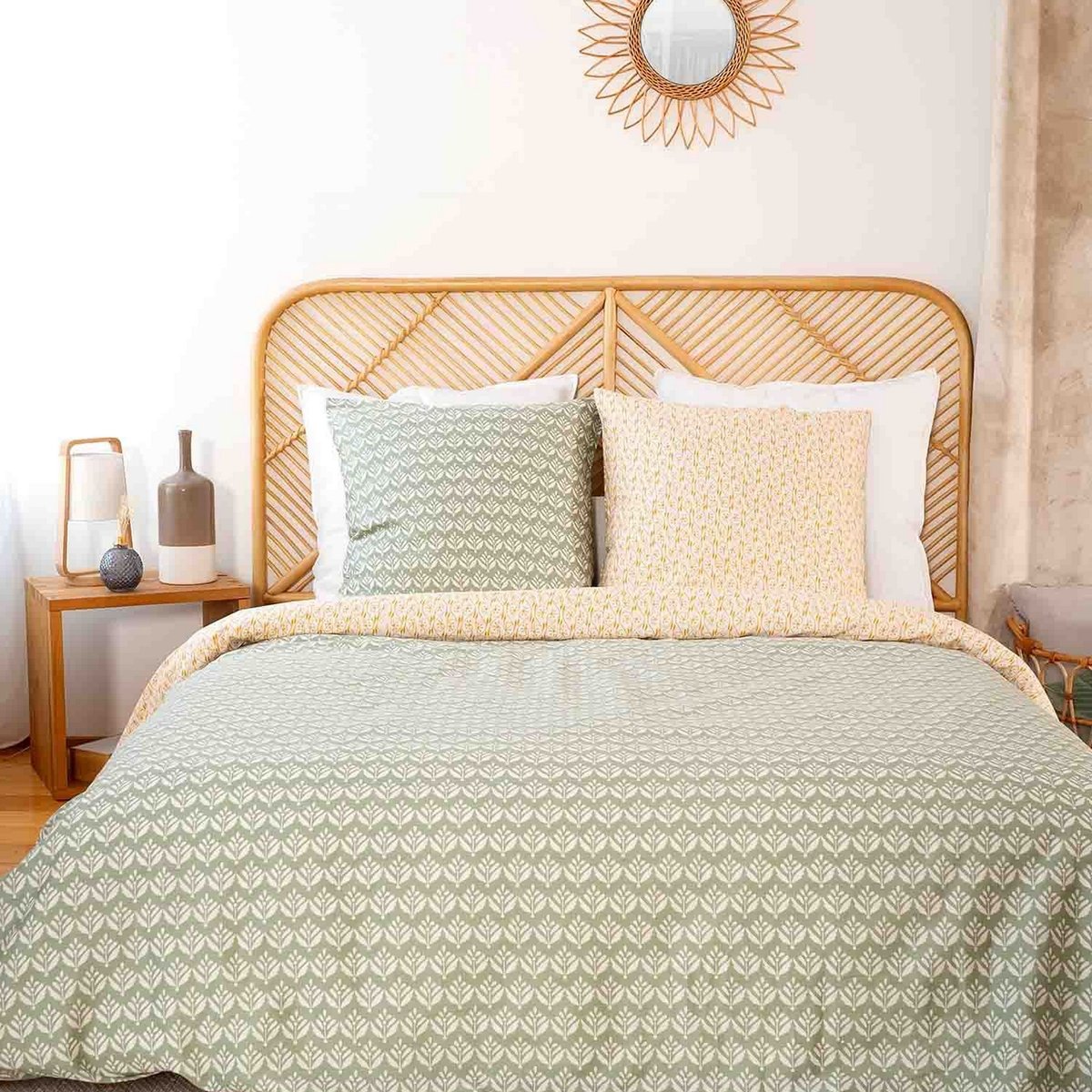 Parure de lit - housse de couette en satin de coton imprimée vert, EDEN