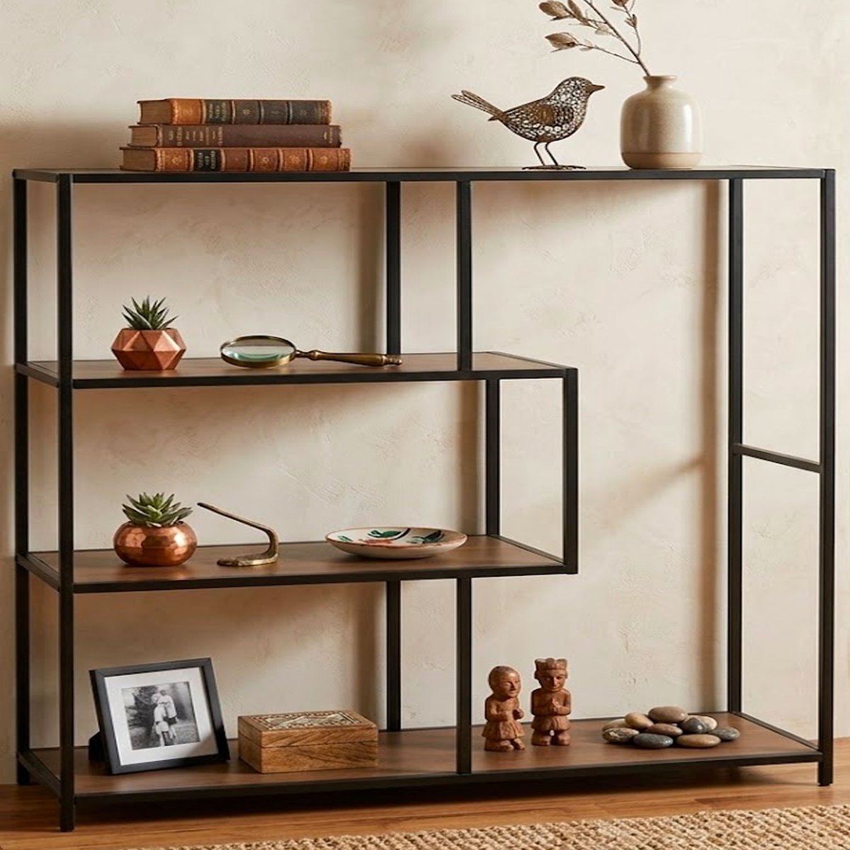 Console d'entrée en bois et métal noir 4 plateaux 100x33x90cm bois, WADIGA