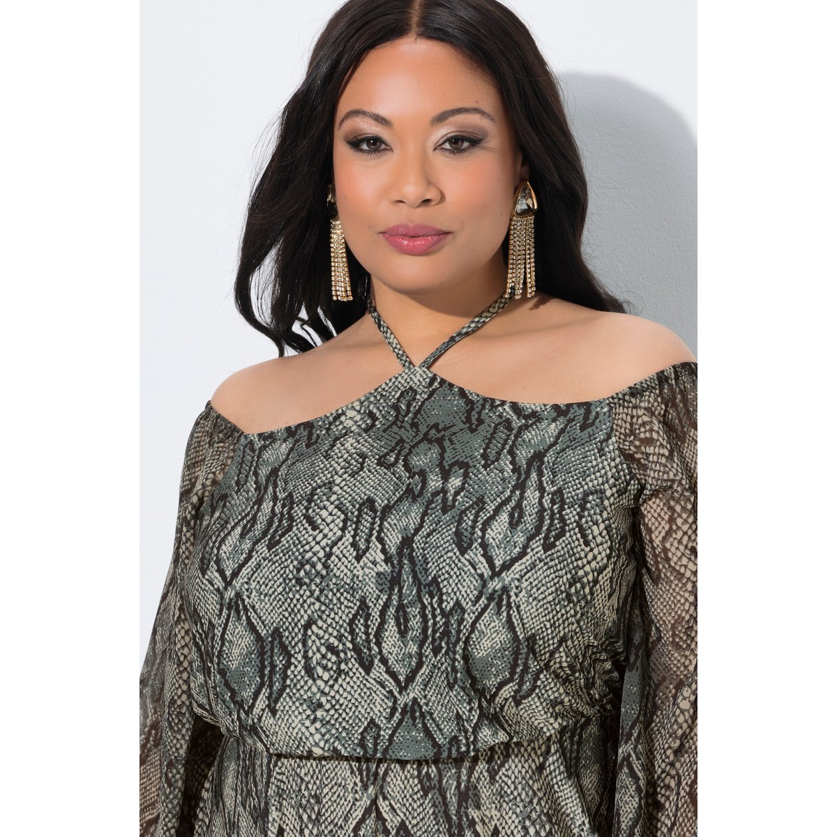 Robe longue, motif animalier, col Carmen gris olive, ULLA POPKEN