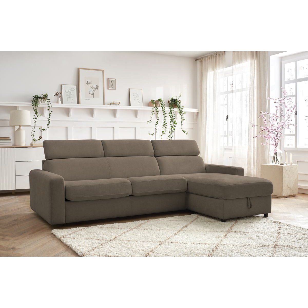 Canapé d'angle convertible 3 places en tissu couchage 140x190 cm, MONACO marron, BOBOCHIC