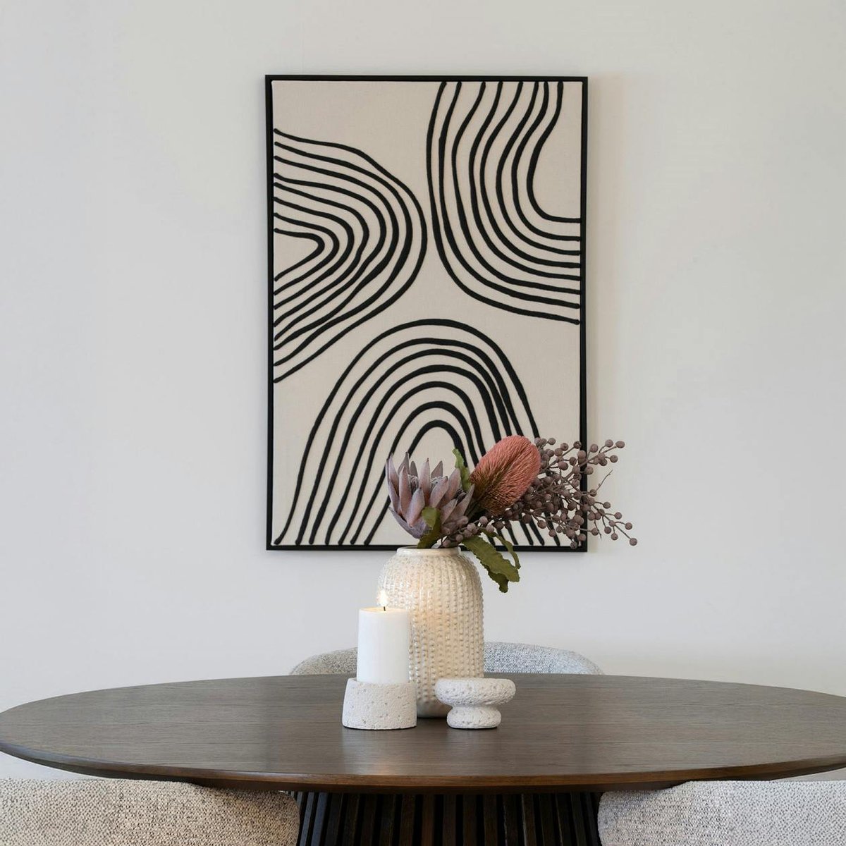 Tableau abstrait noir et blanc lignes ondulées avec cadre 60x90 cm noir, PIER IMPORT