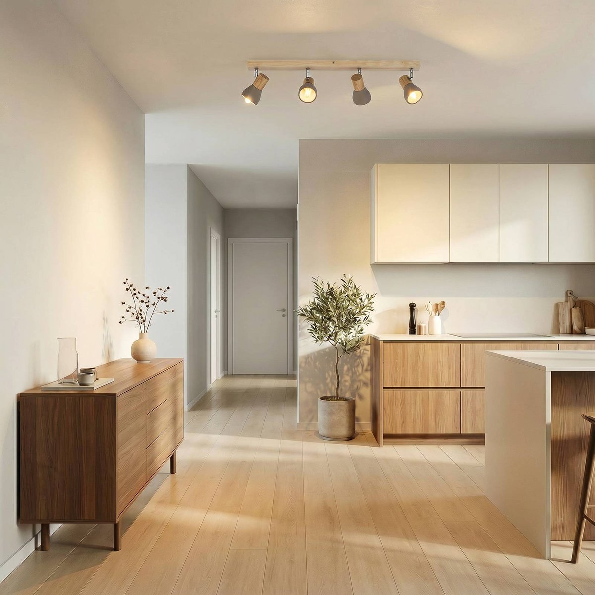 Spot scandinave, Filiz gris béton, bois clair, nickel satiné, LINDBY