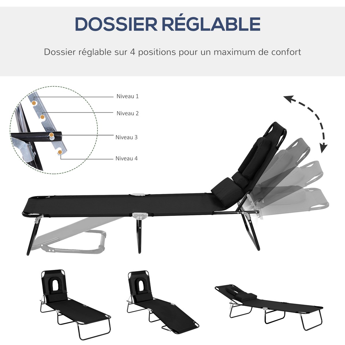 Chaise longue Bois Noir noir, OUTSUNNY