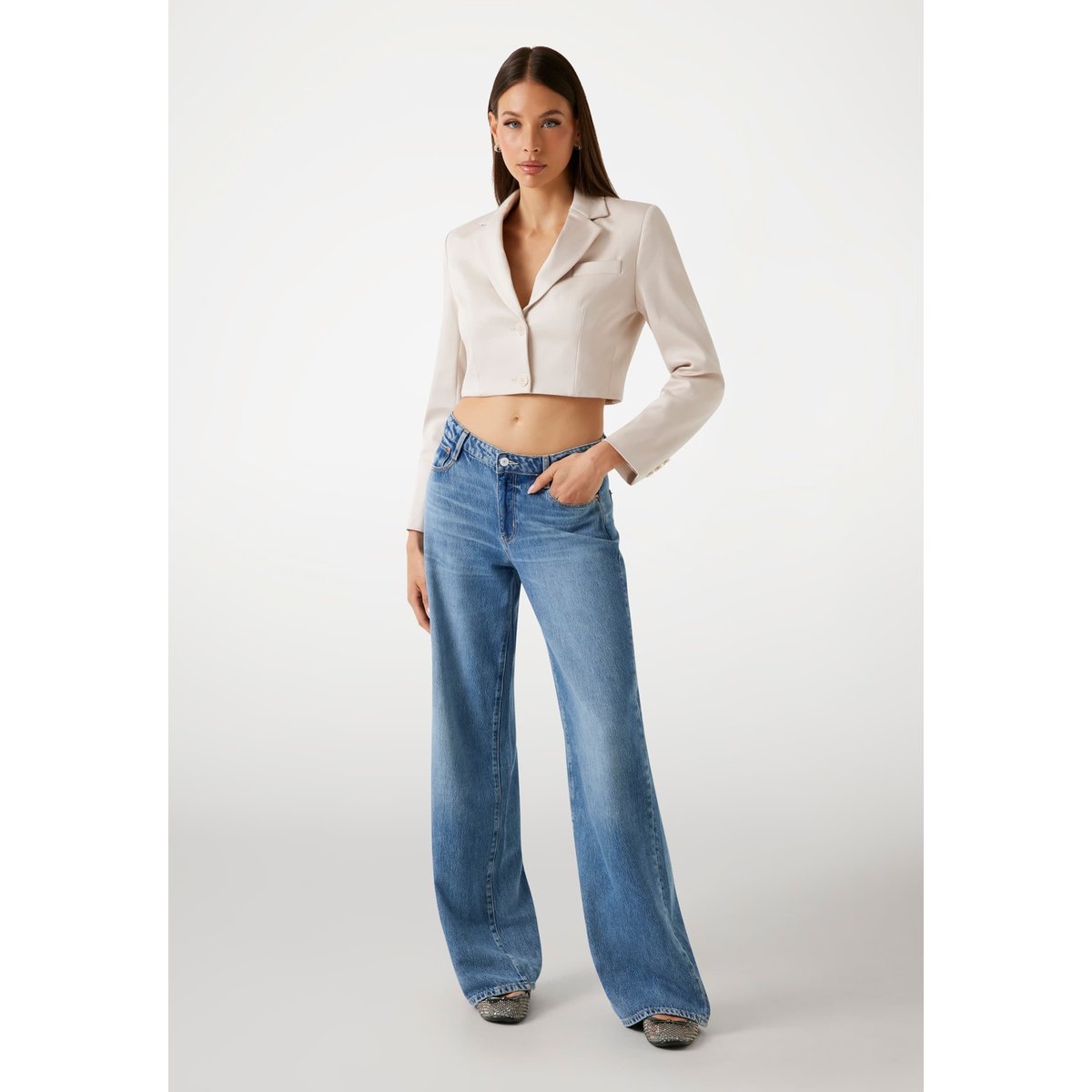 Blazer Ajusté Court Sergé crème, GUESS