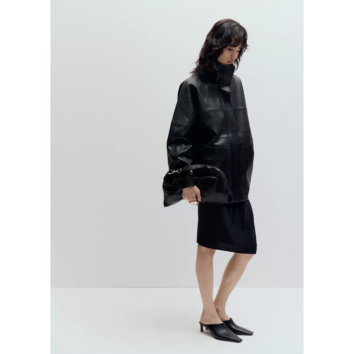 Veste cuir synthétique col cheminée noir, MANGO