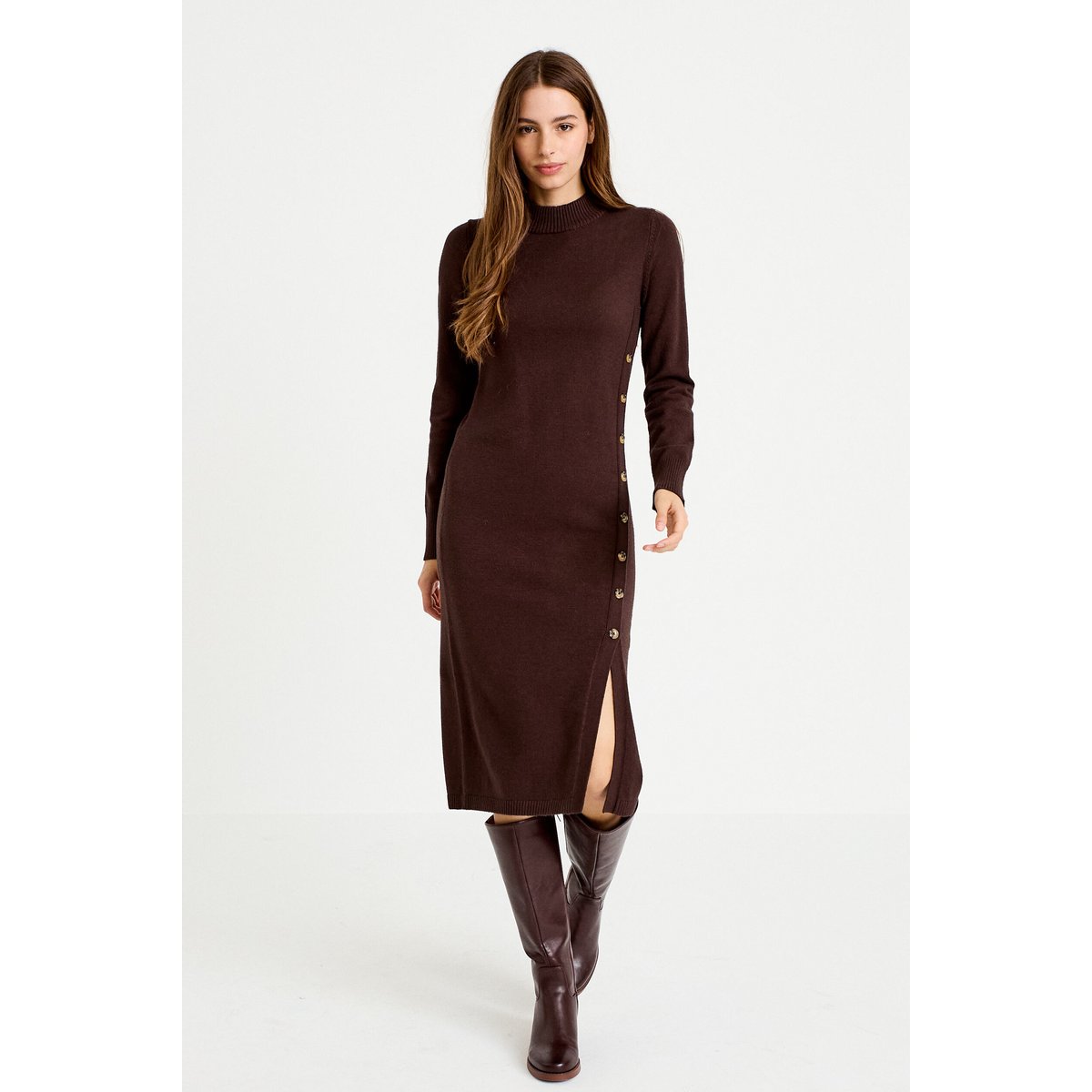 Robe pull ajustée manches longues marron foncé, CACHE CACHE