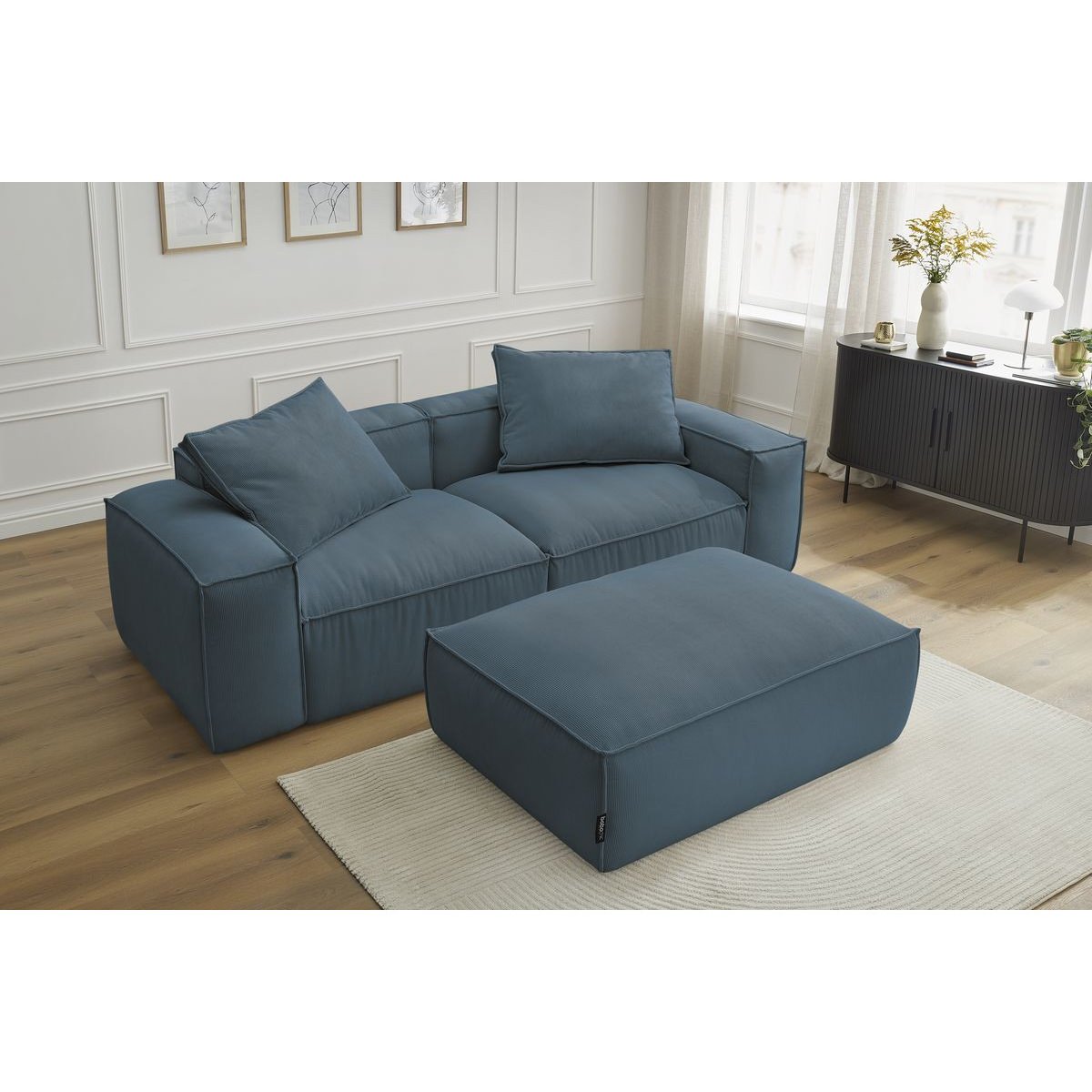 Canapé droit fixe 3 places en velours côtelé avec pouf, BOHEME bleu foncé, BOBOCHIC