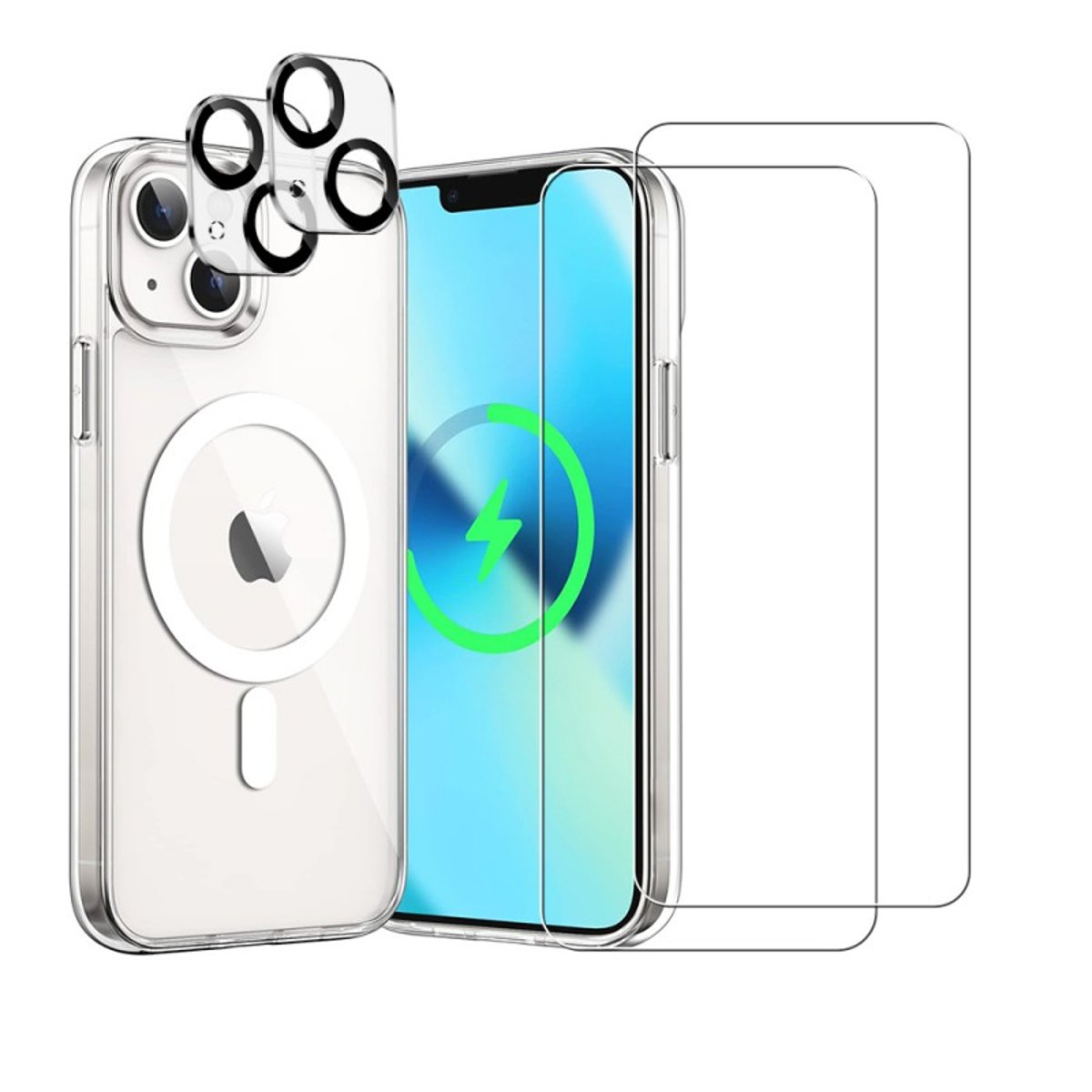 Coque Anti-choc compatible Magsafe pour iPhone 13 Mini Transparente + 2 protections écran et 2 protections objectif caméra transparent, EVETANE