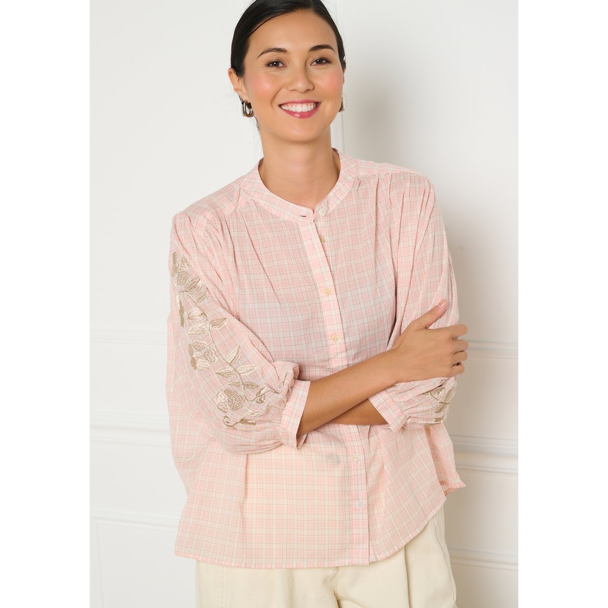 Chemise à carreaux brodée rose clair, LOLALIZA