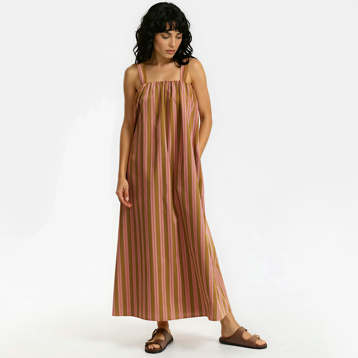 Robe longue rayée ample à bretelles en coton rayé rose/camel, LA REDOUTE COLLECTIONS