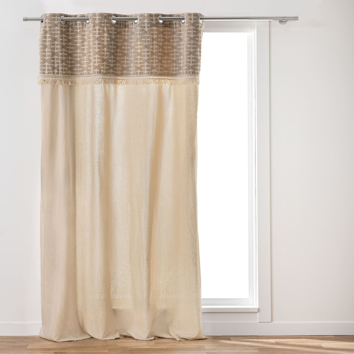 Rideau tamisant à œillets en polycoton avec jacquard et franges naturel, DOUCEUR D'INTÉRIEUR