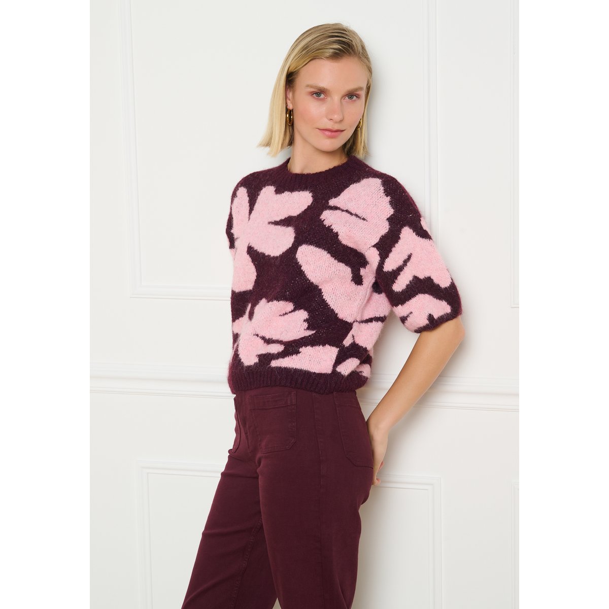 Pull jacquard fleuri bordeau wine, LOLALIZA