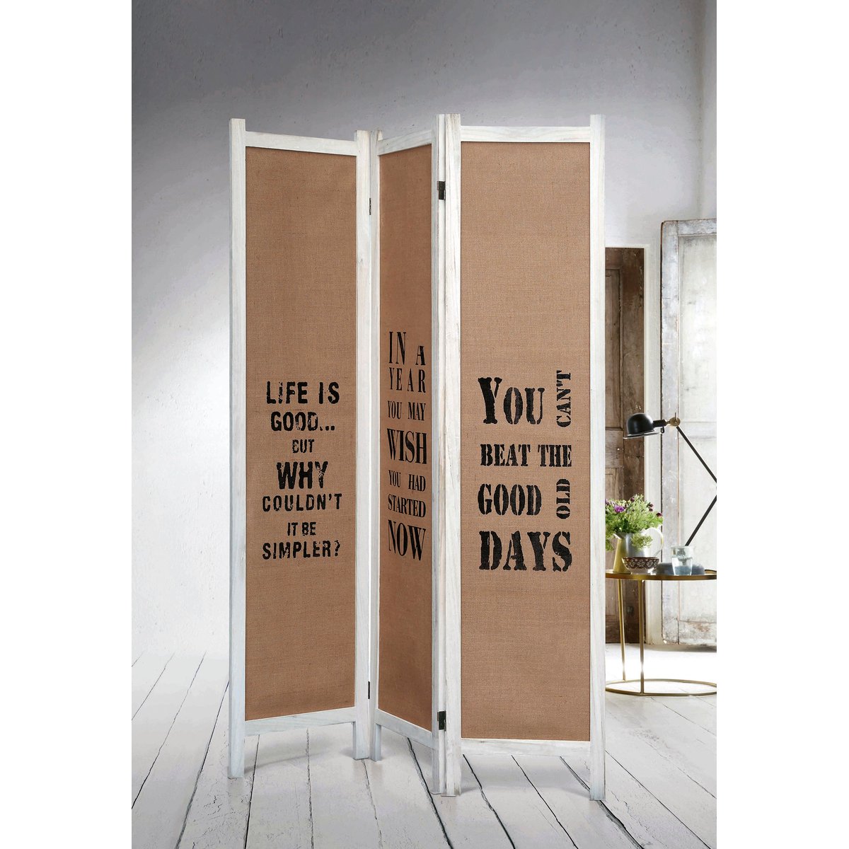 Paravent en BOIS de pin et en toile de jute, ORGANICS blanc-toiledejute, HISPANOHOGAR