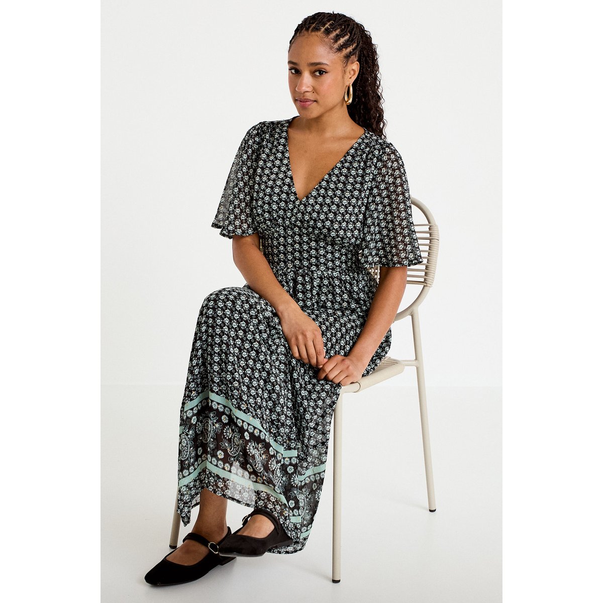 Robe longue évasée col v voile noir, CACHE CACHE
