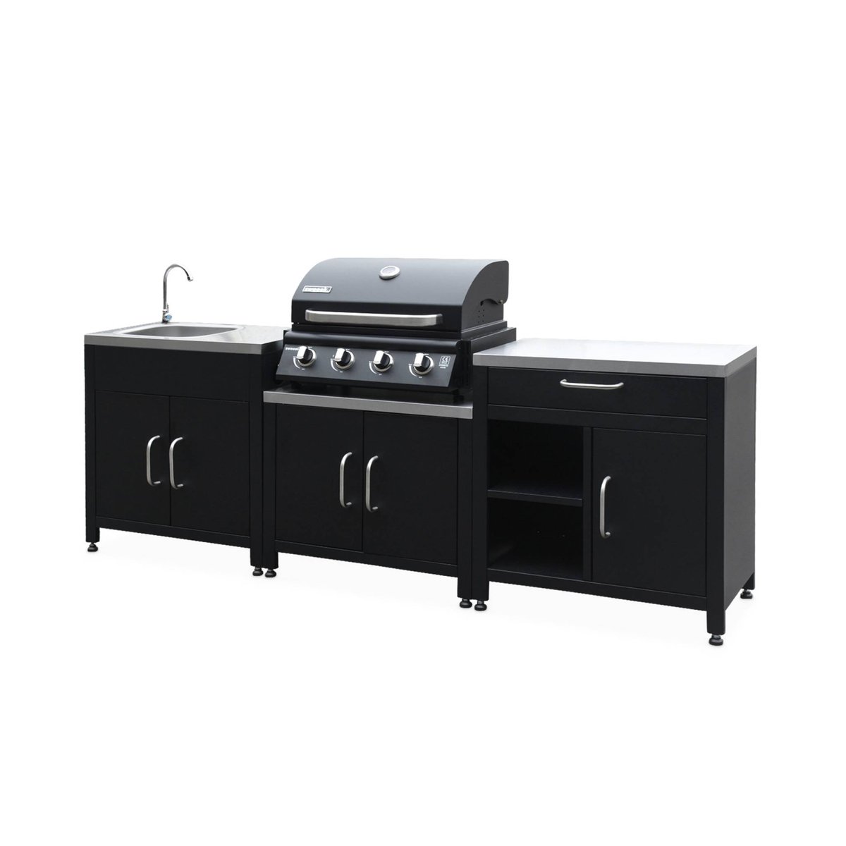 Cuisine d'extérieure 7 modules avec barbecue gaz 4 brûleurs sur pieds, thermomètre GRIMAUD BARBECUE GAZ + 7 MODULES noir, SWEEEK