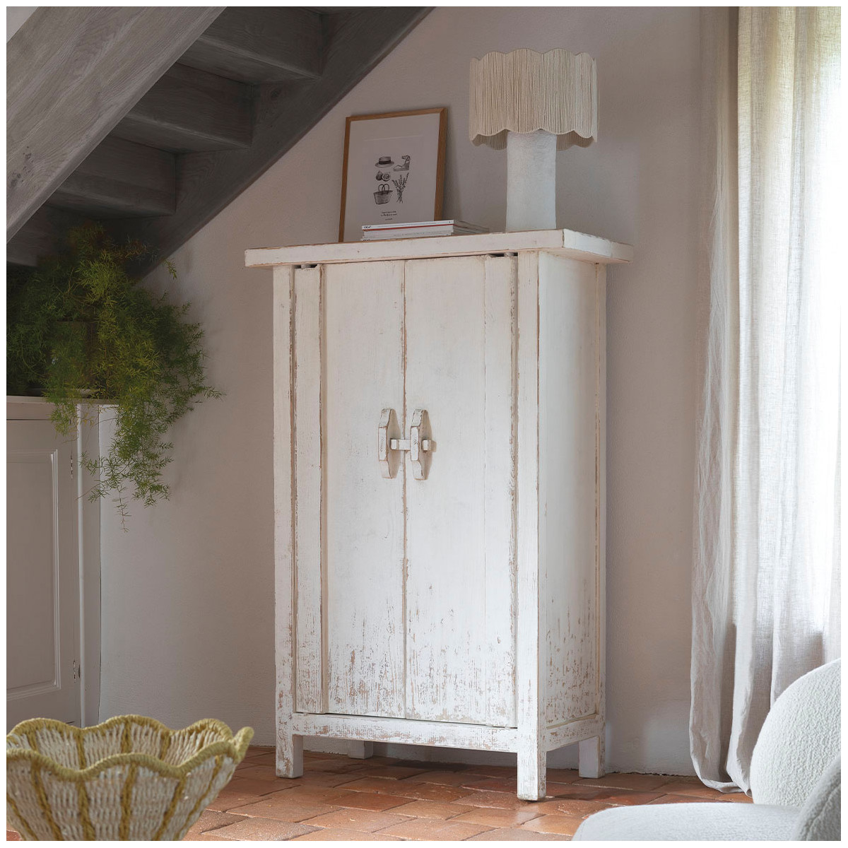 Lampe LEO papier mâché et AJ cylindrique jute blanc, BLANC D’IVOIRE