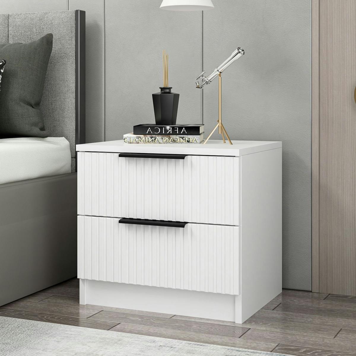 Chevet design 2 tiroirs rainurés BYRON blanc, PIER IMPORT