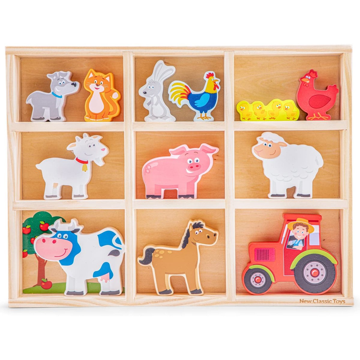 Figurines en bois Animaux Ferme beige, NEW CLASSIC TOYS