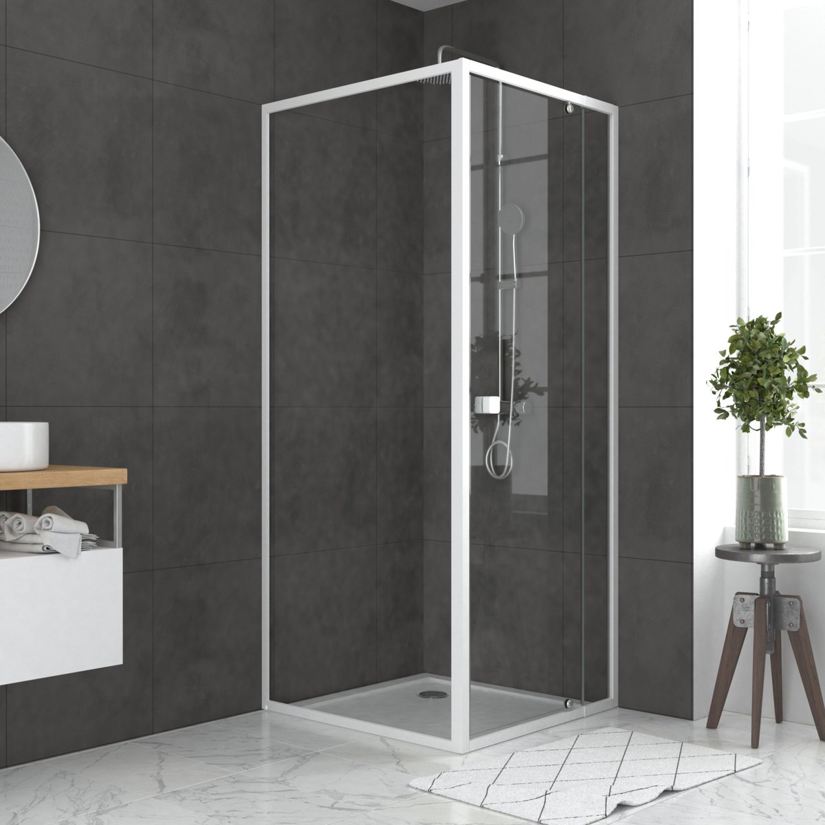 Porte de douche pivotante en verre trempé avec paroi de retour blanc, HOME MAISON