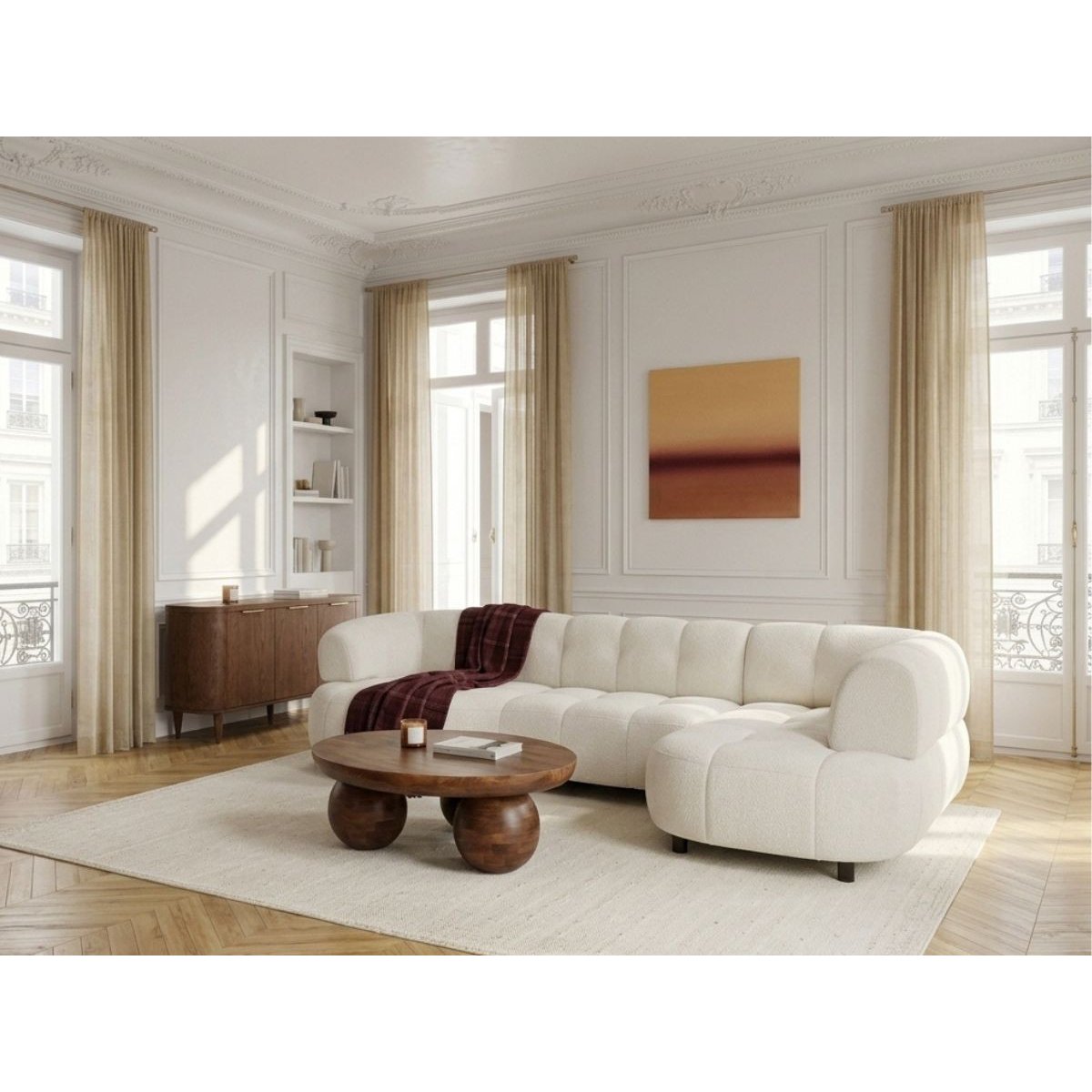 Canapé d'angle convertible 3 places en tissu lisse, LOVELY beige, BOBOCHIC